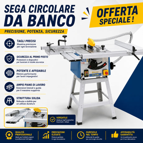 Sega da banco Bernardo TK 200 RN alimentazione 230V, compatta e precisa, ideale per tagli su legno e pannelli con stabilità e facilità di utilizzo.