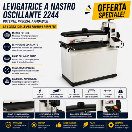 Calibratrice a cilindro oscillante JET JWDS-2244OSC con larghezza di lavoro fino a 1120 mm, ideale per levigatura uniforme e finiture professionali su superfici di grandi dimensioni.