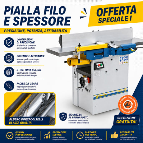 Macchina combinata pialla a filo e spessore Bernardo FS 310 PS alimentazione 400V, dotata di albero a spirale per piallatura precisa, riduzione del rumore e finitura superiore del legno.