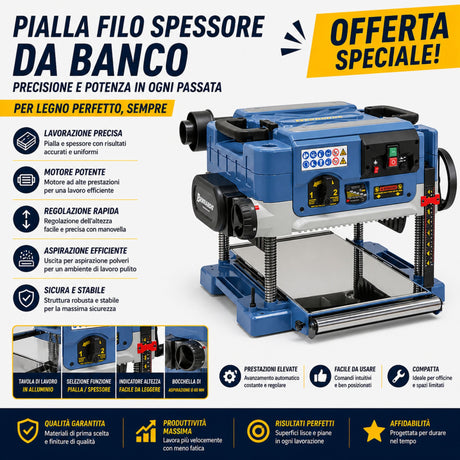 Pialla a spessore Bernardo TH 330 Pro alimentazione 230V, compatta e precisa, ideale per lavorazioni del legno con finitura uniforme e regolazioni accurate dello spessore.
