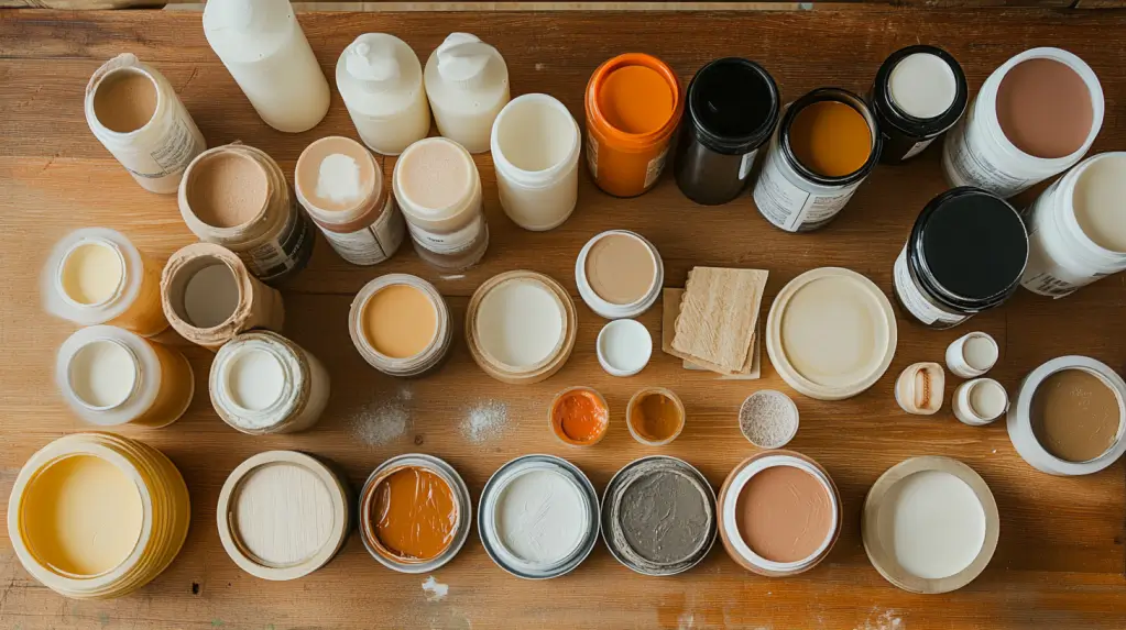 Different types of wood filler arranged on a wooden workbench