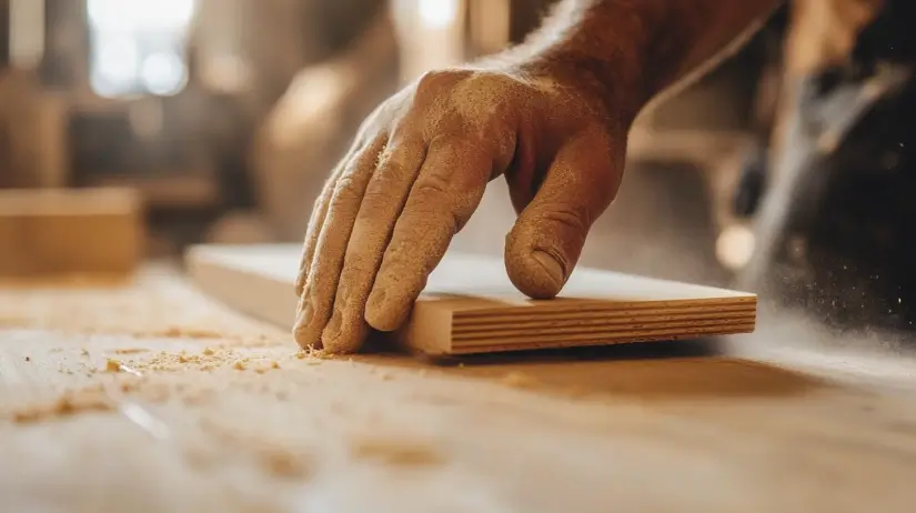 Hand sanding a piece of wood to prepare it for filling