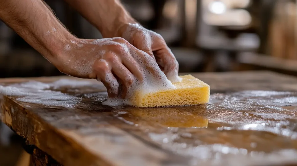 Cleaning a painted wooden surface with a sponge and soapy water.