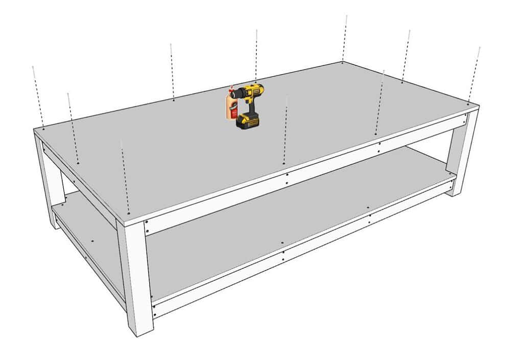 Fixing the wooden top to the workbench DIY with drill and glue